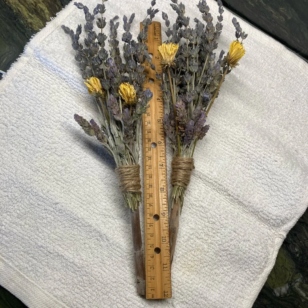 Hand Crafted Floral Bouquets White Sage Lavender and Yellow Dried Set of 2